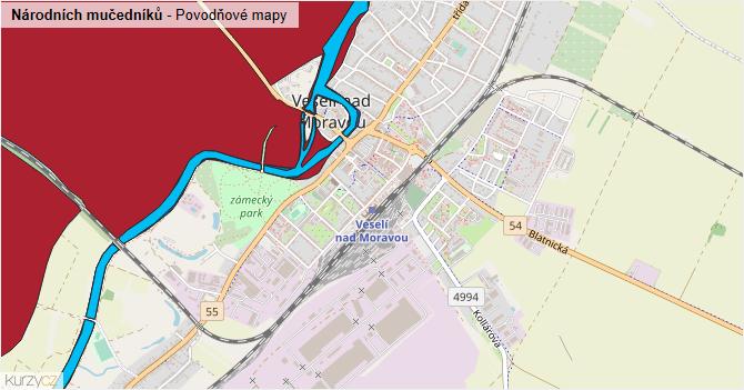Národních mučedníků - záplavové mapy stoleté vody