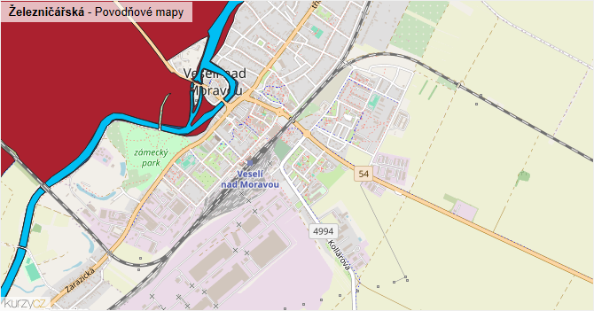 Železničářská - záplavové mapy stoleté vody