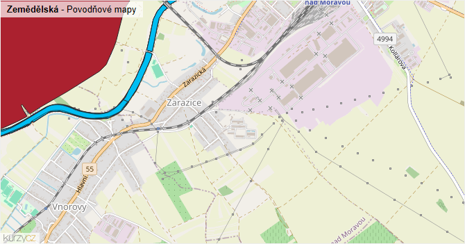 Zemědělská - záplavové mapy stoleté vody