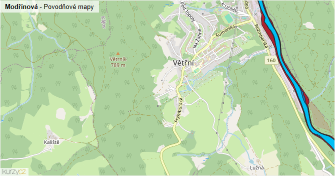 Modřínová - záplavové mapy stoleté vody