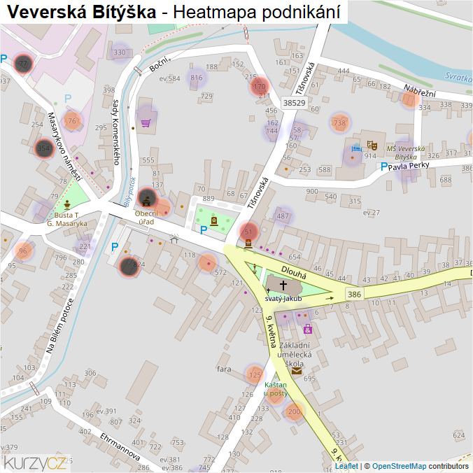 Mapa Veverská Bítýška - Firmy v obci.