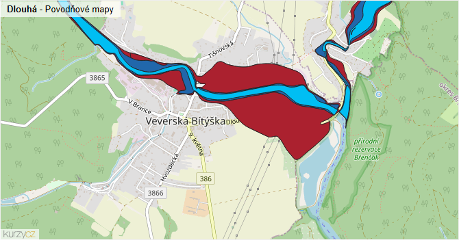 Dlouhá - záplavové mapy stoleté vody