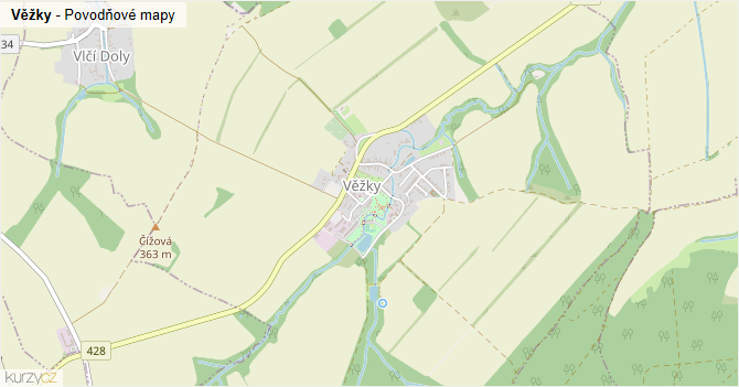 Věžky - záplavové mapy stoleté vody