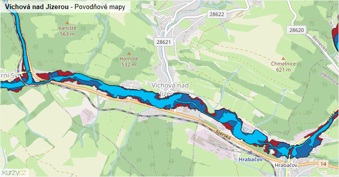 Víchová nad Jizerou - záplavové mapy stoleté vody