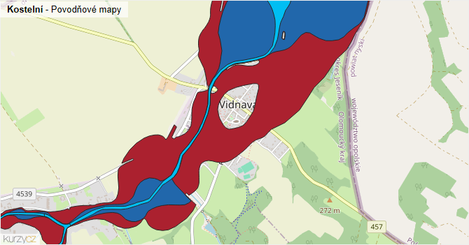 Kostelní - záplavové mapy stoleté vody