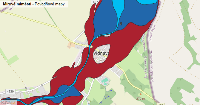 Mírové náměstí - záplavové mapy stoleté vody