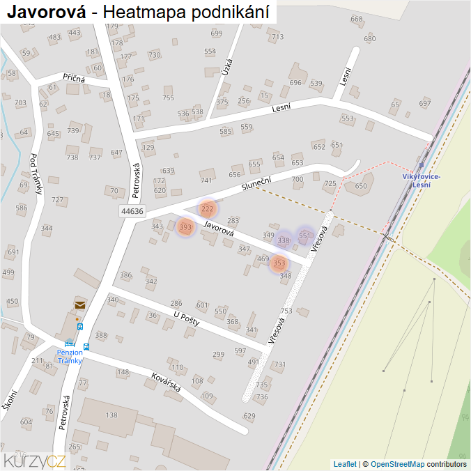 Mapa Javorová - Firmy v ulici.