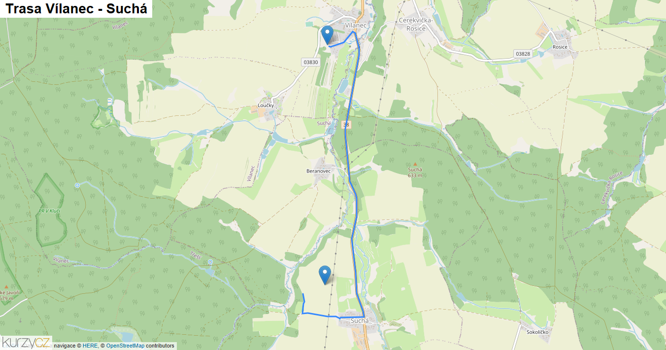 Vílanec-Suchá, mapa trasy