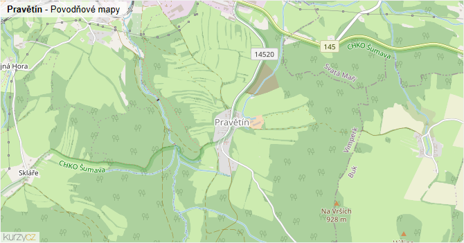 Pravětín - záplavové mapy stoleté vody