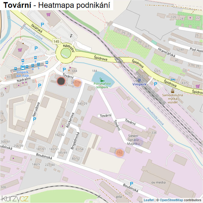 Mapa Tovární - Firmy v ulici.