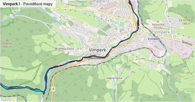 Vimperk I - záplavové mapy stoleté vody