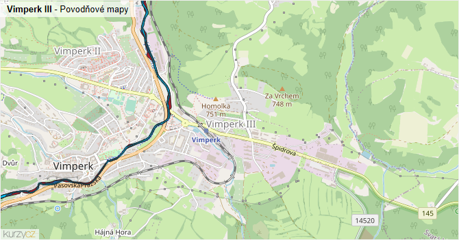 Vimperk III - záplavové mapy stoleté vody