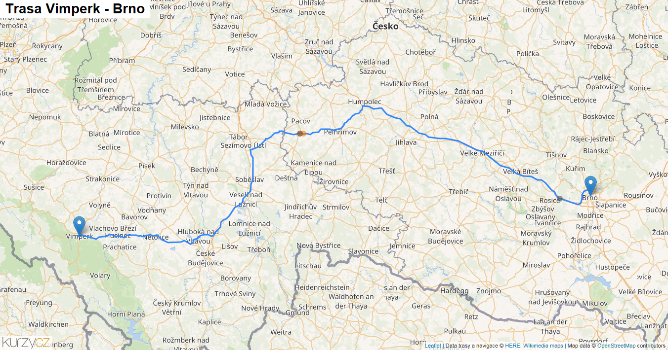 Vimperk-Brno, mapa trasy