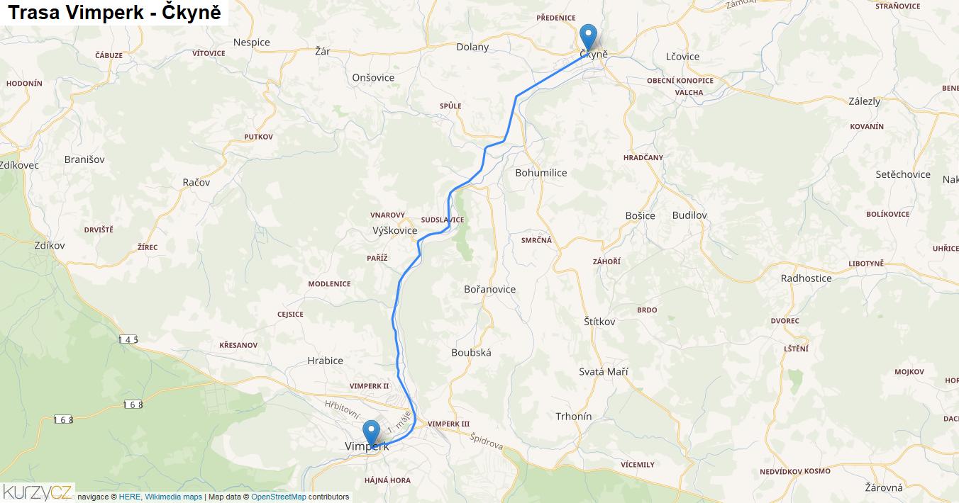 Vimperk-Čkyně, mapa trasy