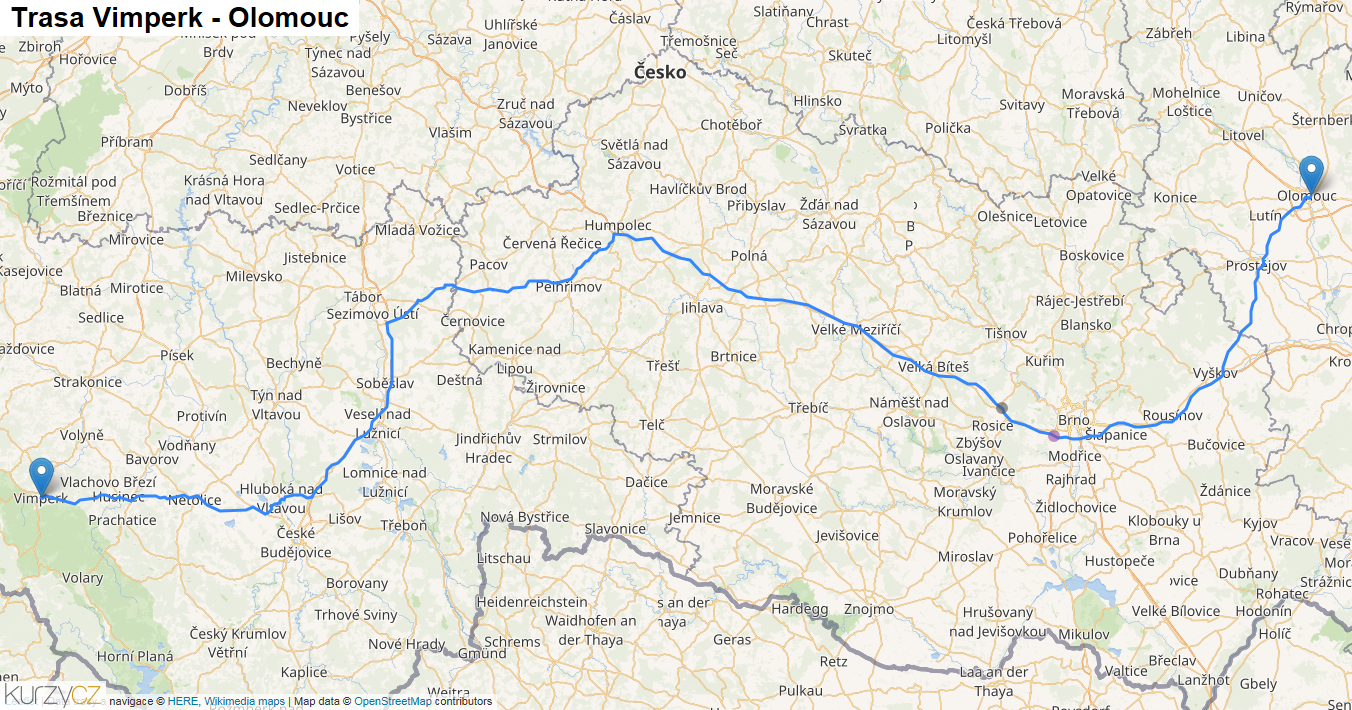Vimperk-Olomouc, mapa trasy