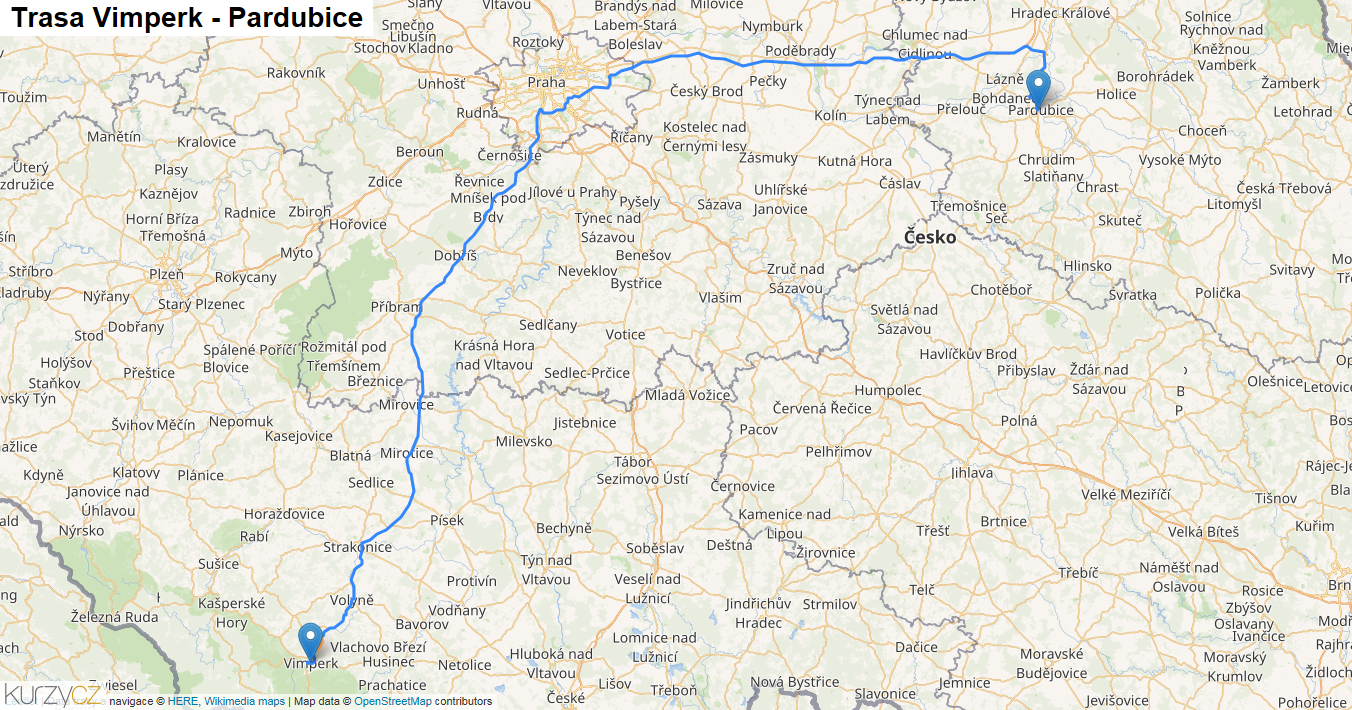 Vimperk-Pardubice, mapa trasy