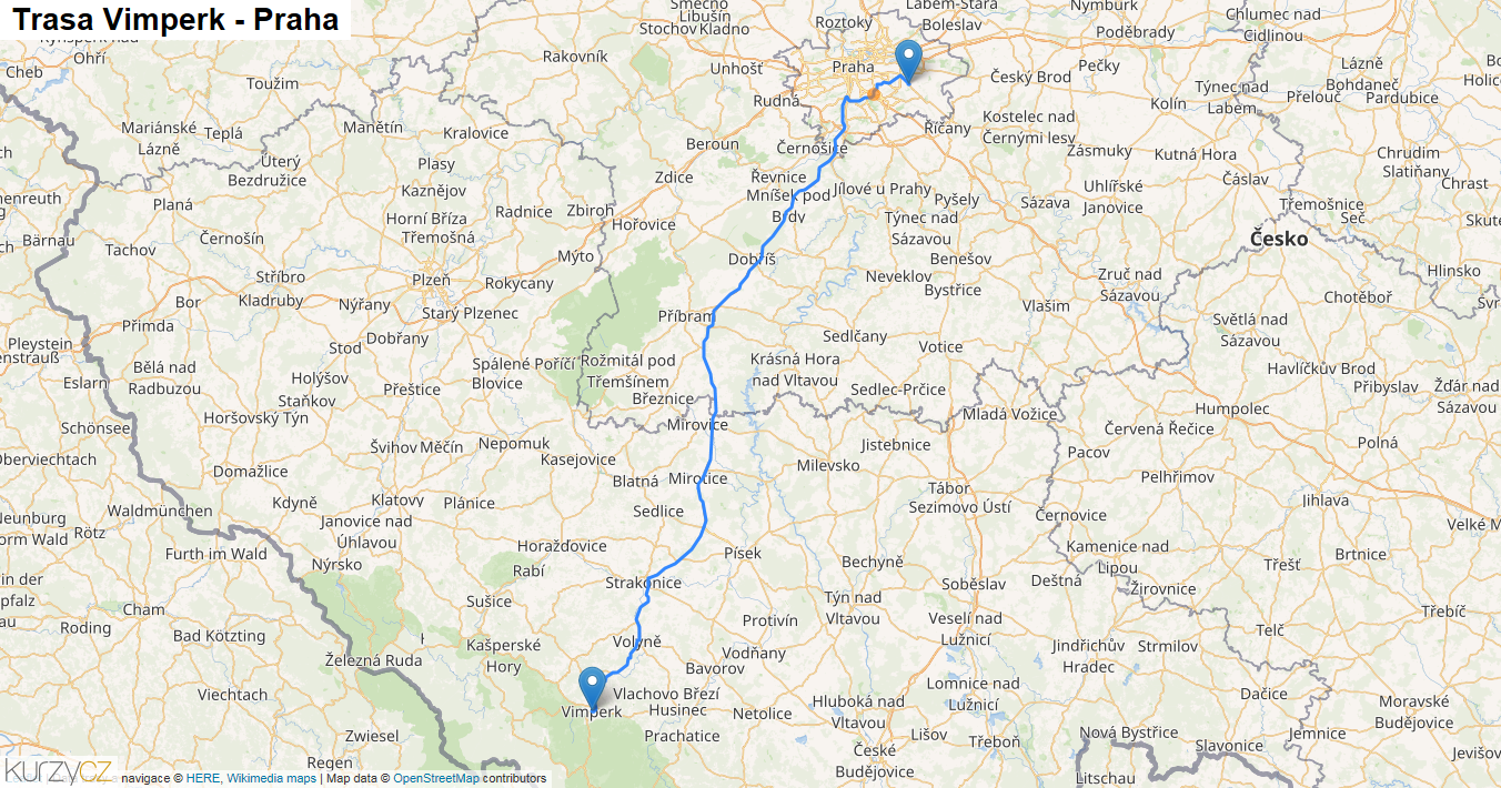 Vimperk-Praha, mapa trasy
