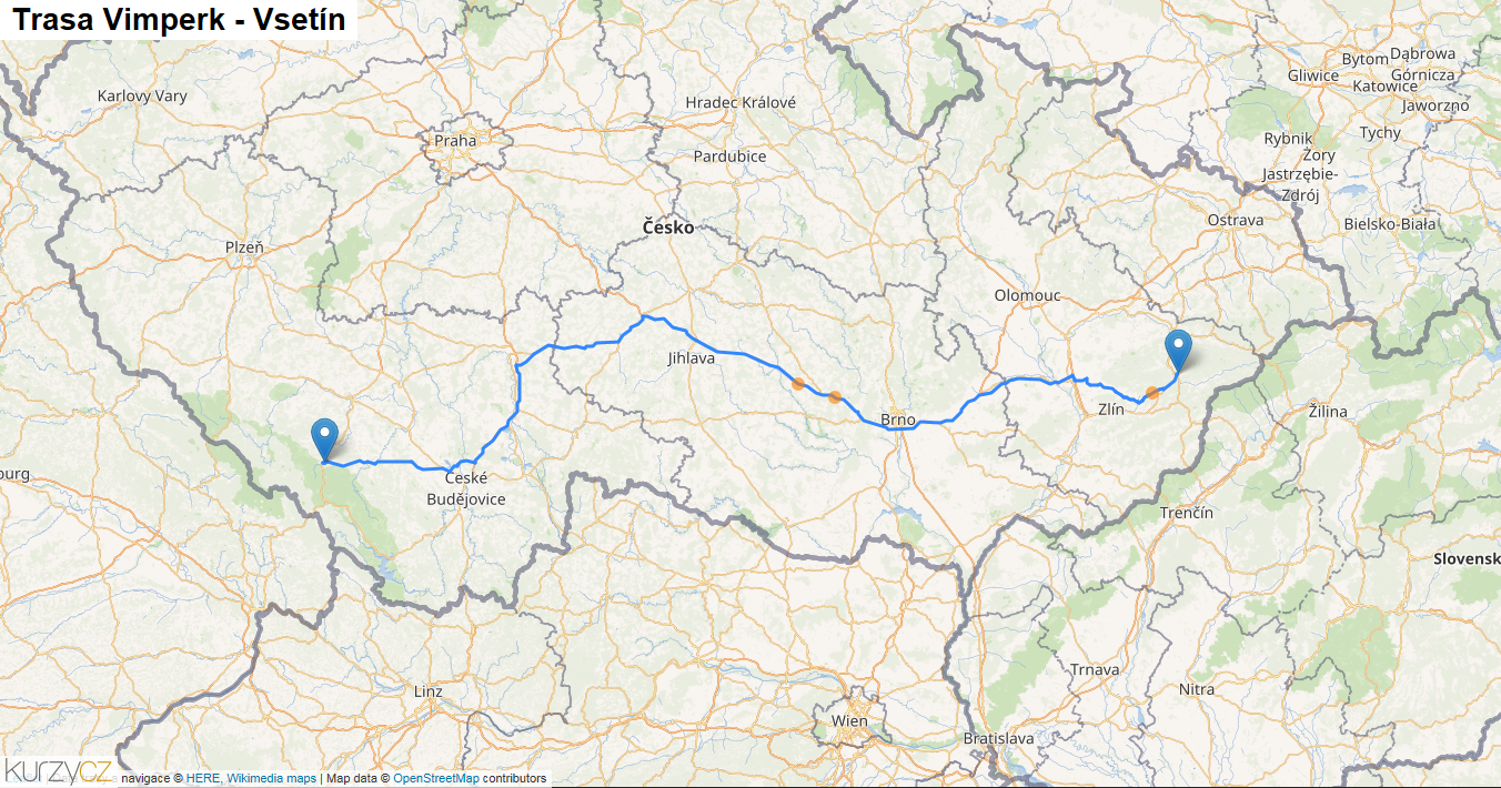 Vimperk-Vsetín, mapa trasy