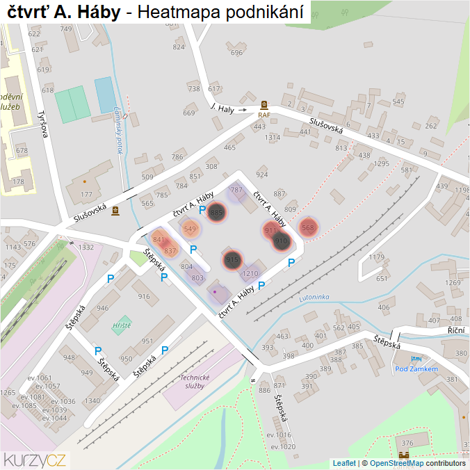 Mapa čtvrť A. Háby - Firmy v ulici.