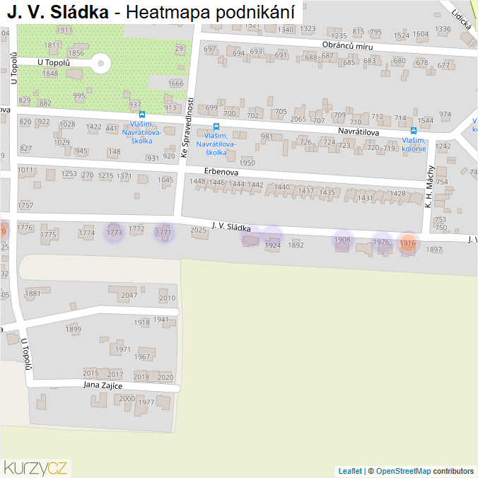 Mapa J. V. Sládka - Firmy v ulici.