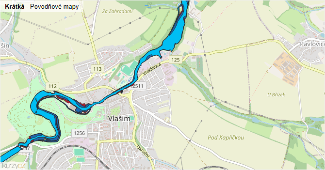 Krátká - záplavové mapy stoleté vody