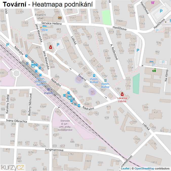 Mapa Tovární - Firmy v ulici.
