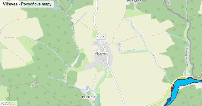 Vlčeves - záplavové mapy stoleté vody
