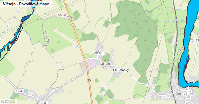 Vlčtejn - záplavové mapy stoleté vody