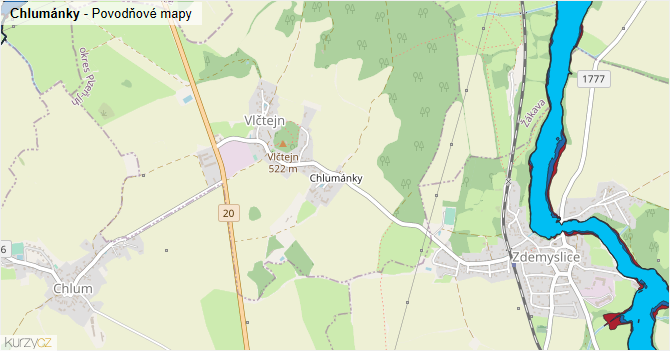 Chlumánky - záplavové mapy stoleté vody