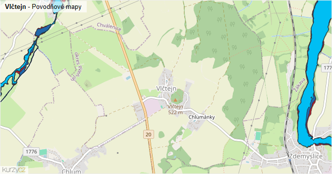 Vlčtejn - záplavové mapy stoleté vody