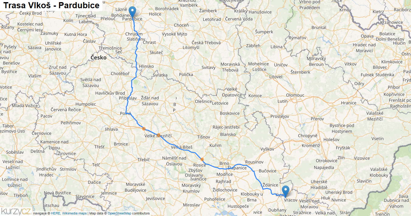 Vlkoš-Pardubice, mapa trasy