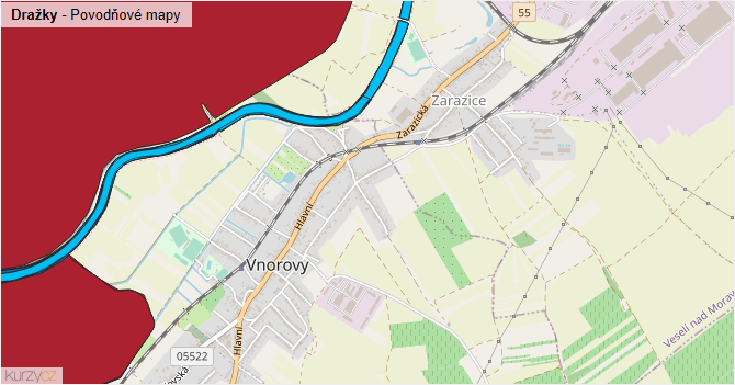 Dražky - záplavové mapy stoleté vody