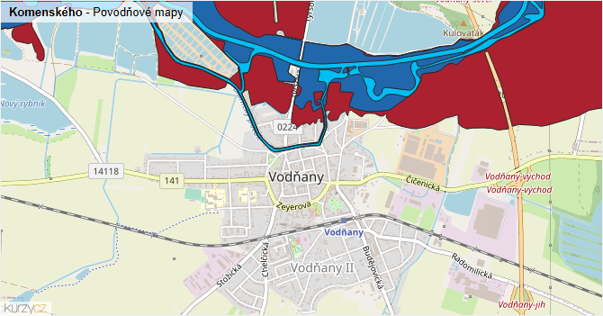 Komenského - záplavové mapy stoleté vody