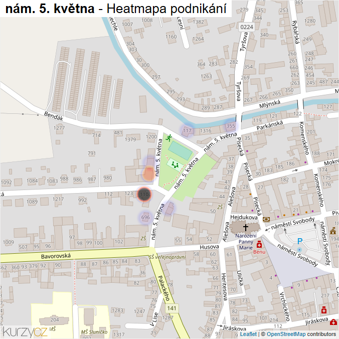 Mapa nám. 5. května - Firmy v ulici.