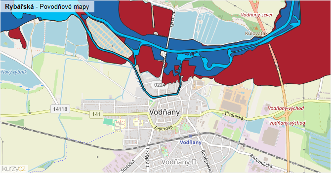 Rybářská - záplavové mapy stoleté vody