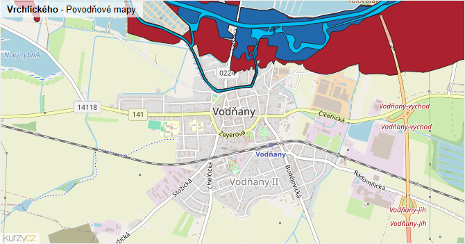 Vrchlického - záplavové mapy stoleté vody