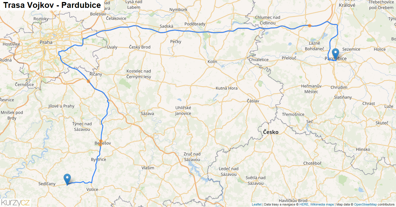 Vojkov-Pardubice, mapa trasy