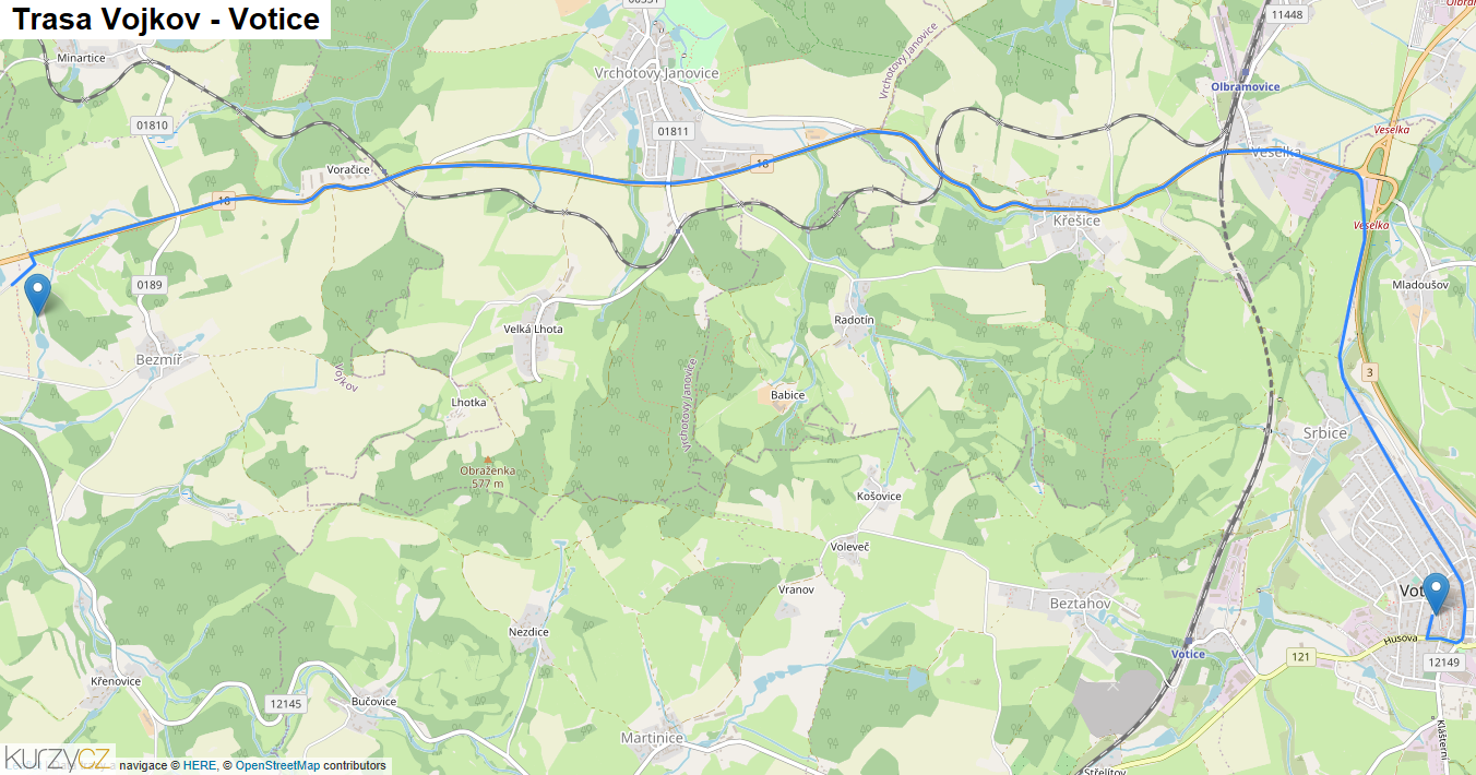 Vojkov-Votice, mapa trasy