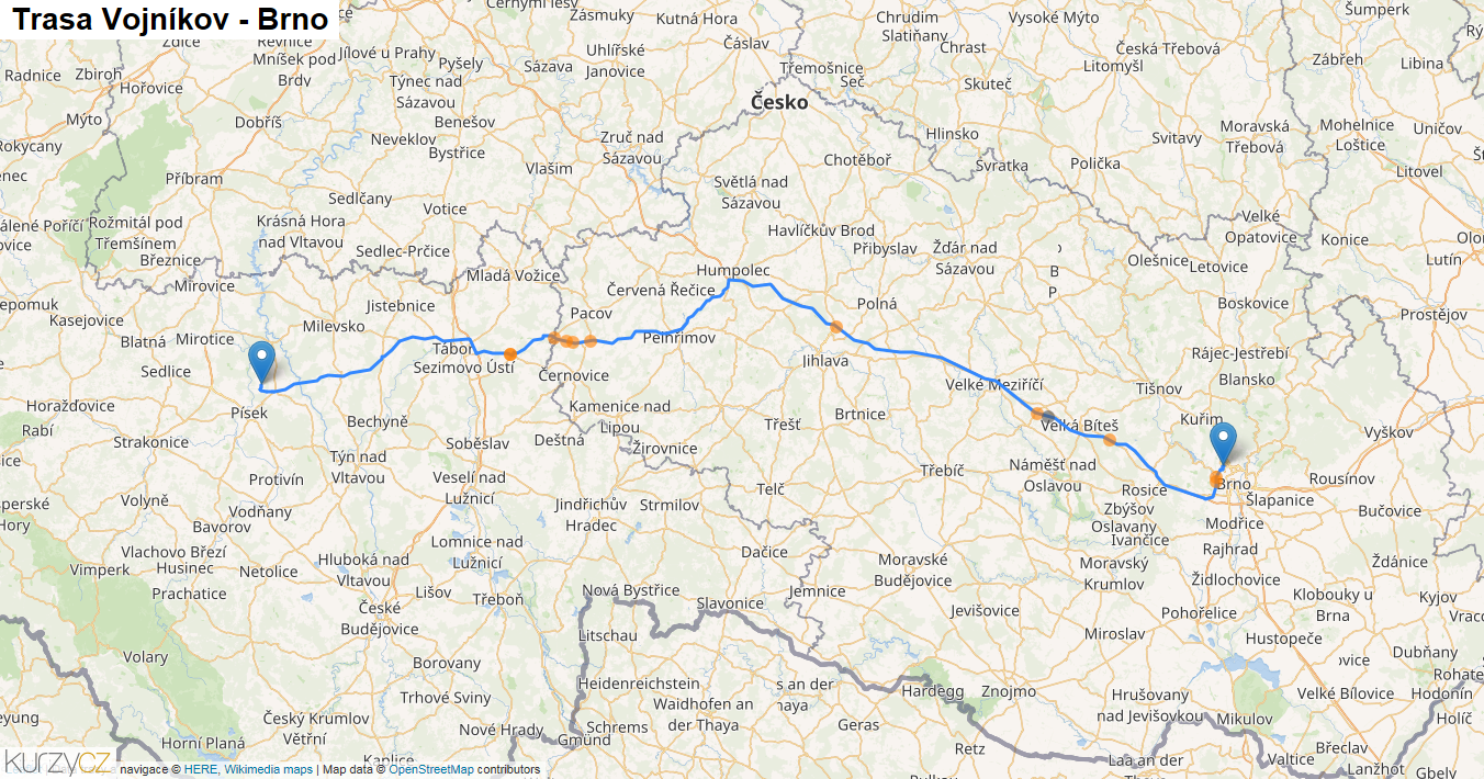 Vojníkov-Brno, mapa trasy