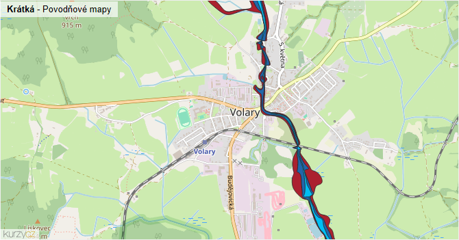 Krátká - záplavové mapy stoleté vody