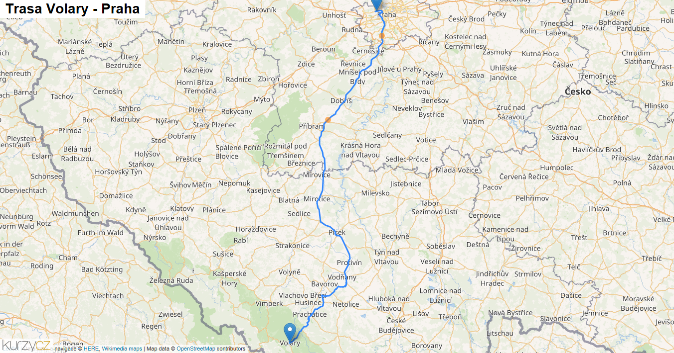 Volary-Praha, mapa trasy