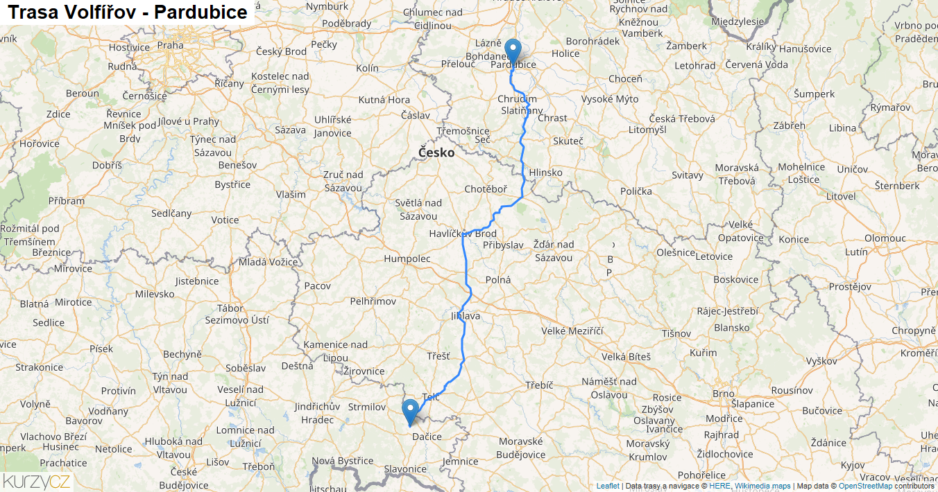 Volfířov-Pardubice, mapa trasy