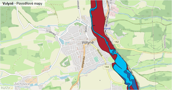 Volyně - záplavové mapy stoleté vody