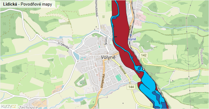 Lidická - záplavové mapy stoleté vody
