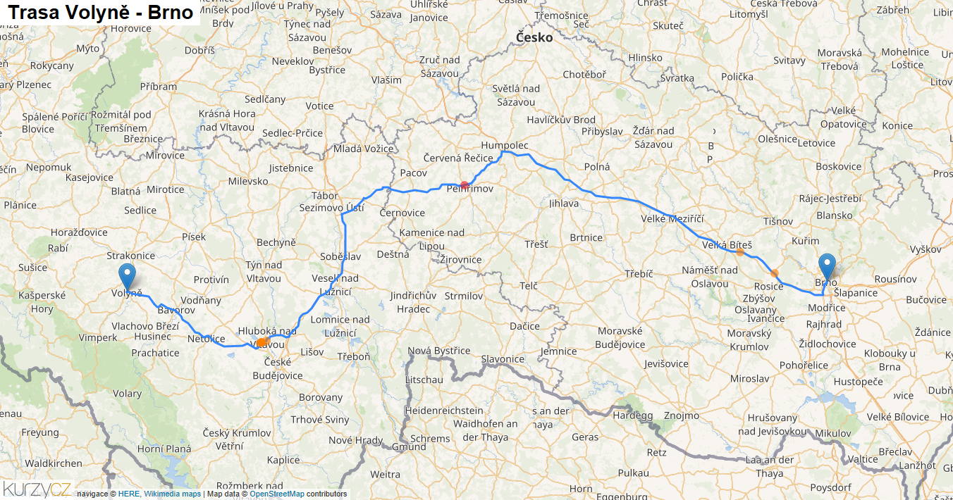 Volyně-Brno, mapa trasy