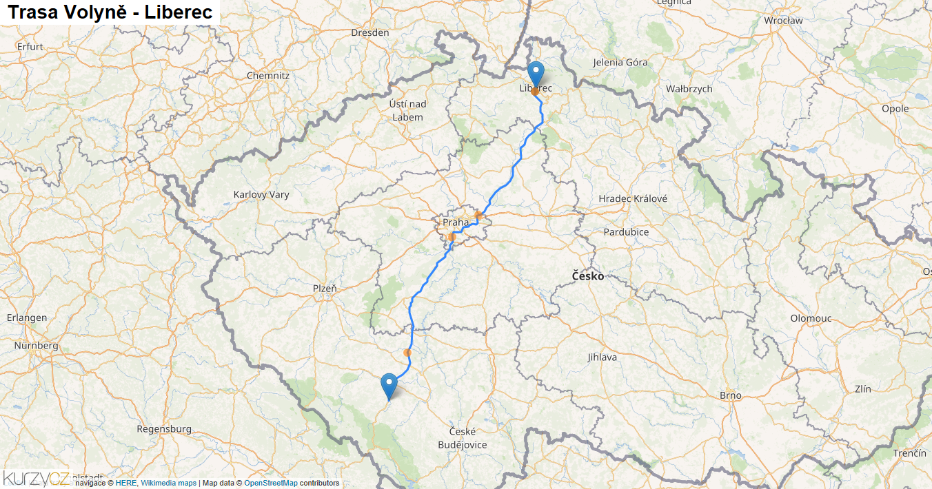 Volyně-Liberec, mapa trasy