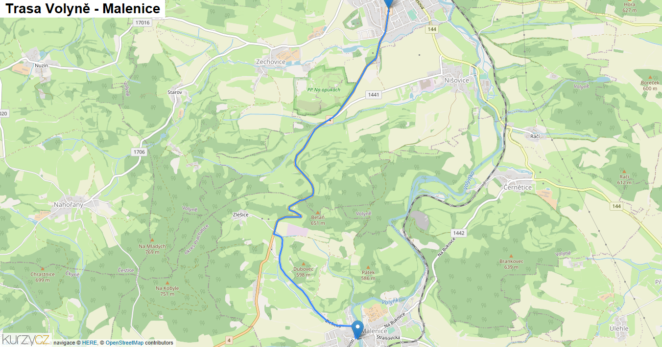 Volyně-Malenice, mapa trasy
