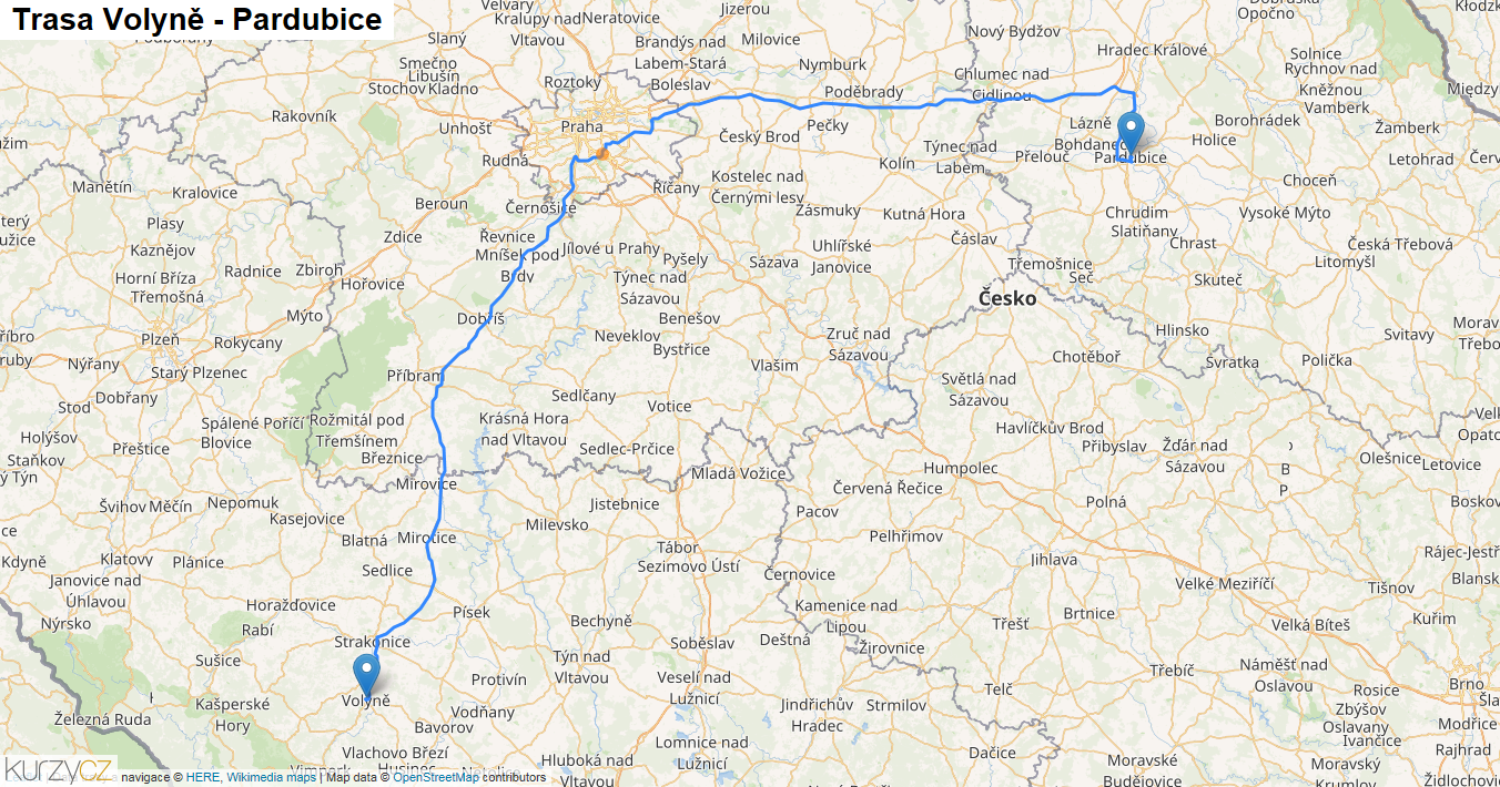 Volyně-Pardubice, mapa trasy