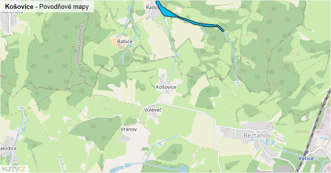 Košovice - záplavové mapy stoleté vody