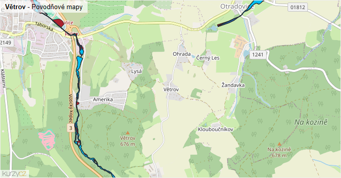 Větrov - záplavové mapy stoleté vody